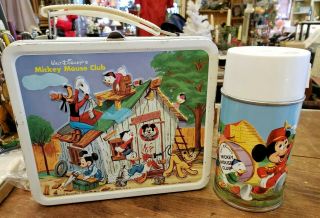 Rare 1963? Walt Disney Mickey Mouse Club Metal Lunch Box & Glass Thermos,