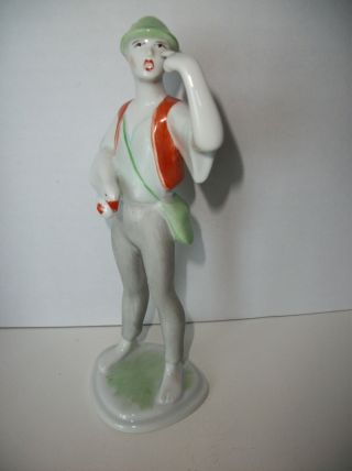 Vintage Hungary Porcelain Figurine Peasant Boy W/ Goose Hand Painted Hollohaza