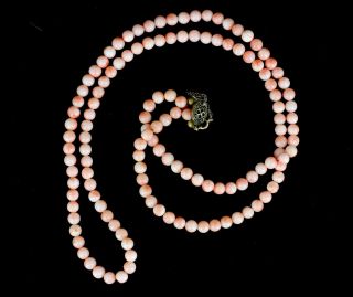 Vintage Sterling 14k Natural Angel Skin Coral 34.  5g Pink 5.  5mm Bead Necklace 30 "