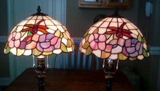 Vintage 19 " High Tiffany Style Dragonfly Table Lamps,  Metal Base