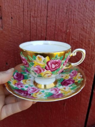 Spectacular Cabbage Rose And Gold Tuscan Teacup And Saucer Red Pink Yellow Roses