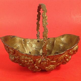 Antique Victorian Metal Basket.  Handled With Gold Floral Design.  6 " W By 4 3/4 " H