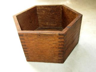 Vintage 5 1/8 " Hexoganal Oak Wooden Box With Dovetailed Jointed Corners