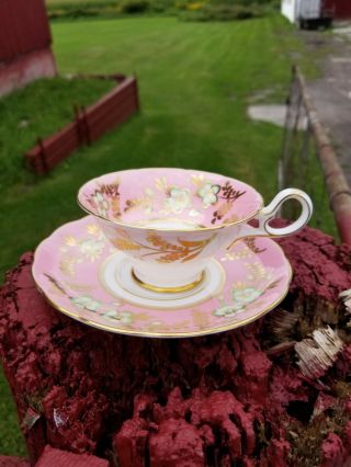 Stunning Grovesnor Pink And Green Flower Teacup And Saucer Heavy Gold