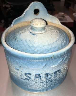 Antique Stonewear Salt Glazed Blue - Grey Hanging Lidded Salt Box