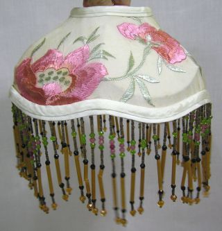 Vintage Lamp Shade Pink Needlework Flowers On Cream Fabric W Glass Bead Dangles