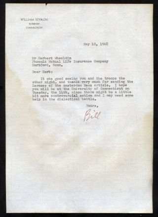 William Styron Signed Letter Personal Stationery Typewritten 1968 Author Writer