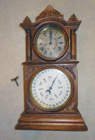 Rare Antique Ingraham Calendar Shelf Mantel Clock Lewis 365 Day Calendar
