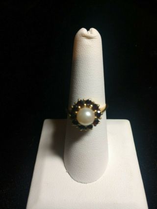 Vintage 18 K Solid Yellow Gold Ring Real Pearl And Garnets Estate Find Size 7