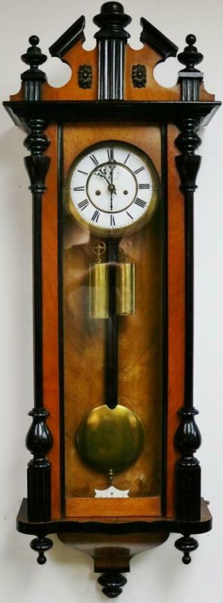 Antique German Twin Weight 8day Striking Carved Walnut & Ebony Vienna Wall Clock