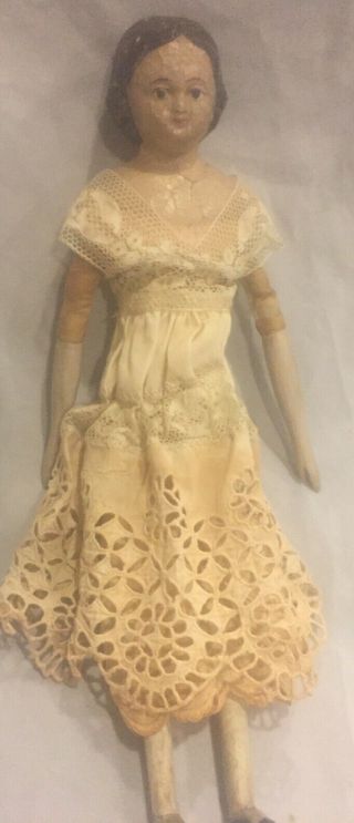 Antique 10.  5” Milliners Model Doll Brown Eyes Paper Mache Wooden Limbs C1860