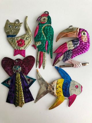 Vintage Mexican Folk Art Punched Tin Christmas Ornaments Tucan Parrot Bird Cat