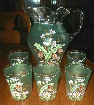 Vintage Light Green Glass Pitcher With 5 Tumblers - Hand Blown & Hand Painted
