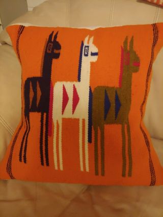 Mexican Pillow Cover W Pillow Hand Woven Wool Orange 3 Llamas 14 X 14 Vintage
