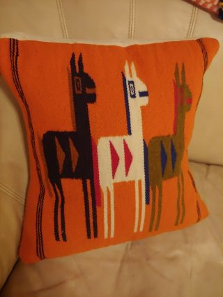Mexican Pillow Cover w Pillow Hand Woven Wool Orange 3 Llamas 14 x 14 Vintage 2