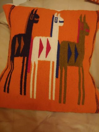 Mexican Pillow Cover w Pillow Hand Woven Wool Orange 3 Llamas 14 x 14 Vintage 3