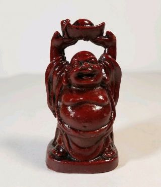 2 3/8 " T Dark Red Resin Fat Happy Buddha Statue Figurine - Vintage Hat Over Head