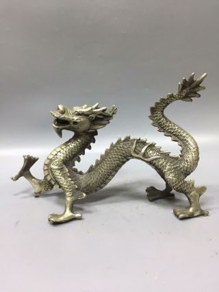 Vintage Old Chinese Tibetan Silver Handwork Carved Dragon Statue