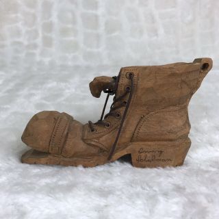 Vintage Irving Schulman Hand Carved Signed Wooden Work Boot With Laces