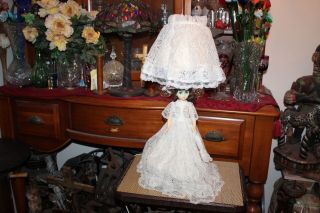 Vintage Creepy Doll Table Lamp Long White Wedding Dress