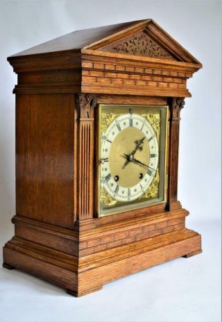 Large Antique Winterhalder & Hofmeier Golden Oak 5 Gong Chiming Mantel Clock