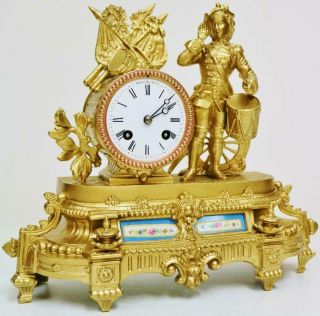 Antique French 8 Day Gilt Metal & Blue Sevres Porcelain Figurine Mantel Clock