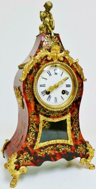 Antique French 8 Day Red Shell & Bronze Bell Striking Boulle Inlaid Mantel Clock