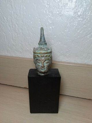 Vintage,  Old Heavy Bronze? Metal Asian Buddha Head Mounted On Wood