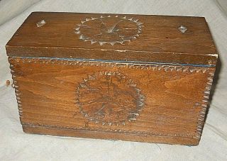 Unusual Old Wood Box Carved Folk Art Sun Design Hinged Box