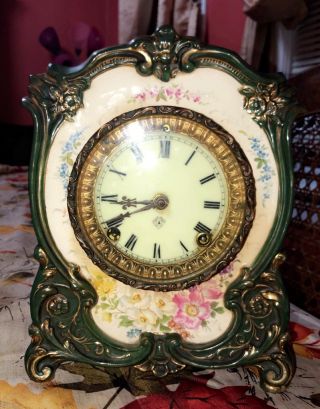 Antique Ansonia Royal Bonn " La Grace " Porcelain Mantle Open Encasement Clock