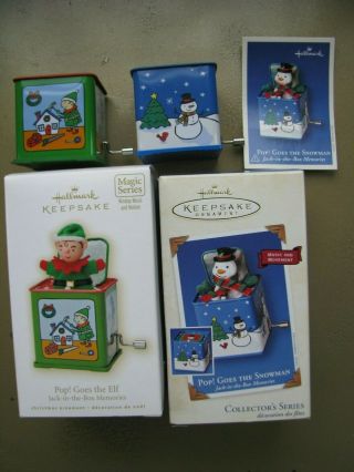 2 Hallmark Keepsake Ornaments - 2003 Pop Goes The Snowman,  2009 Pop Goes The Elf