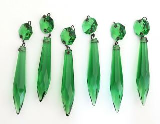 Antique/vintage Glass Emerald Green Colored Tear Drop Prisms W/beads/button - 6