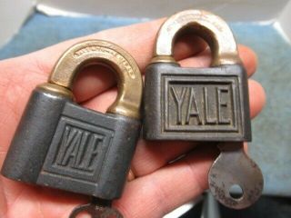 2 different old miniature YALE ptpk push padlock lock both with a key.  n/r 2