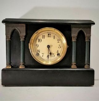Antique Sessions Black Mantel Clock 8 Day Cathedral Gong Wood Case
