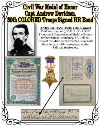 Civil War Medal Of Honor Capt.  Davidson,  30th Usct Colored Troops,  Signed Bond