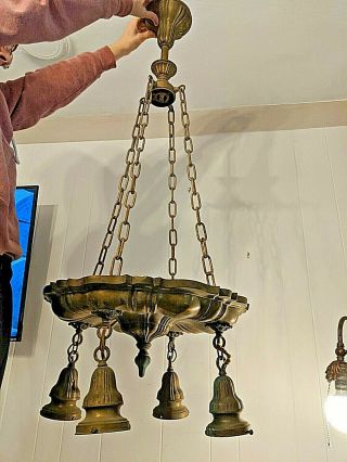 Large Antique Vtg Brass Hanging Pan Chandelier Ceiling Light Fixture