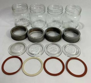 Set Of 4 Rare Pint Canadian Jewel Improved Canning Jars Glass Tops & Seals Vtg