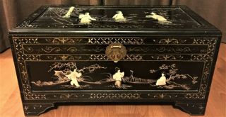 Chinese Mother Of Pearl Lacquered Large Trunk Chest Box Vintage