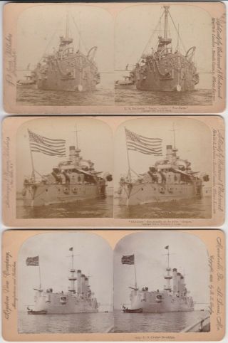 3 Stereoview Photos - U.  S.  Navy Battleships & Cruiser - Spanish American War