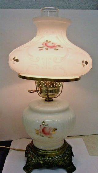 Vintage Milk Glass Pink Floral & Gold Gone With The Wind Hurricane Parlor Lamp