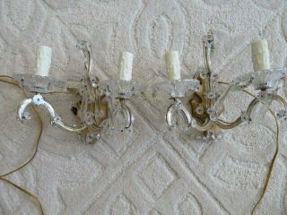Pair Old Vintage Wall Sconces 2 Lights Each Glass Over Metal Dripping Crystals