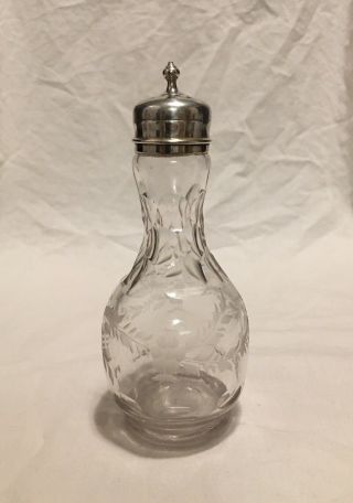 Antique Vintage Cut Etched Crystal Glass Shaker W/ Sterling Silver Top