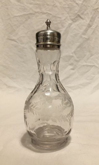 Antique Vintage Cut Etched Crystal Glass Shaker W/ Sterling Silver Top 2