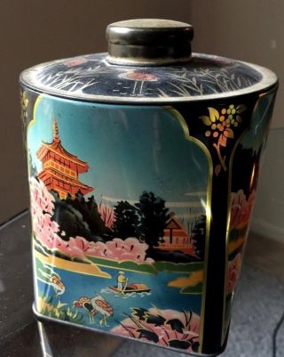 Vintage Japanese Tea Tin Caddy Container Box Graphics 5.  5 " T X 5 " W
