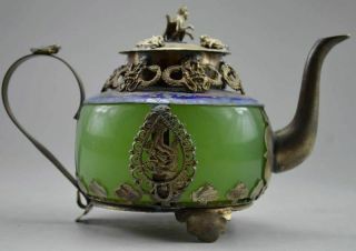 Collect Old Handwork Green Jade & Tibet Silver Copper Dragon Tea Pot Monkey Lid