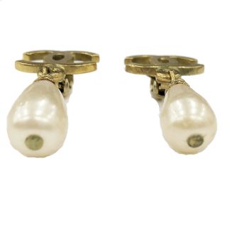 CHANEL CC Logos Pearl Earrings Clip - On Gold 95P France Vintage Authentic Z384 M 3