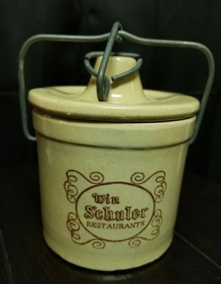 Vintage Win Schuler Restaurants Wire Bale Stoneware Cheese Crock