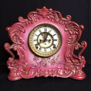 Antique Ansonia Royal Bonn Porcelain Mantel Clock “reflex” Running Pendulum - Key