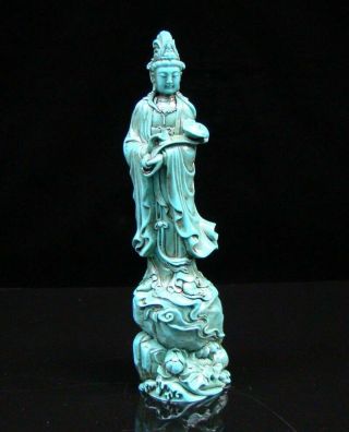 Chinese Turquoise Handmade Carved Statue Kwan - Yin Ruyi Exquisite