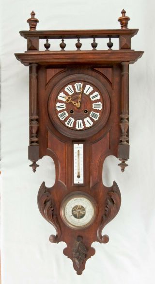 French Carved Walnut 8 Day Striking Wall Clock @ 1880 W/ Barometer & Thermometer